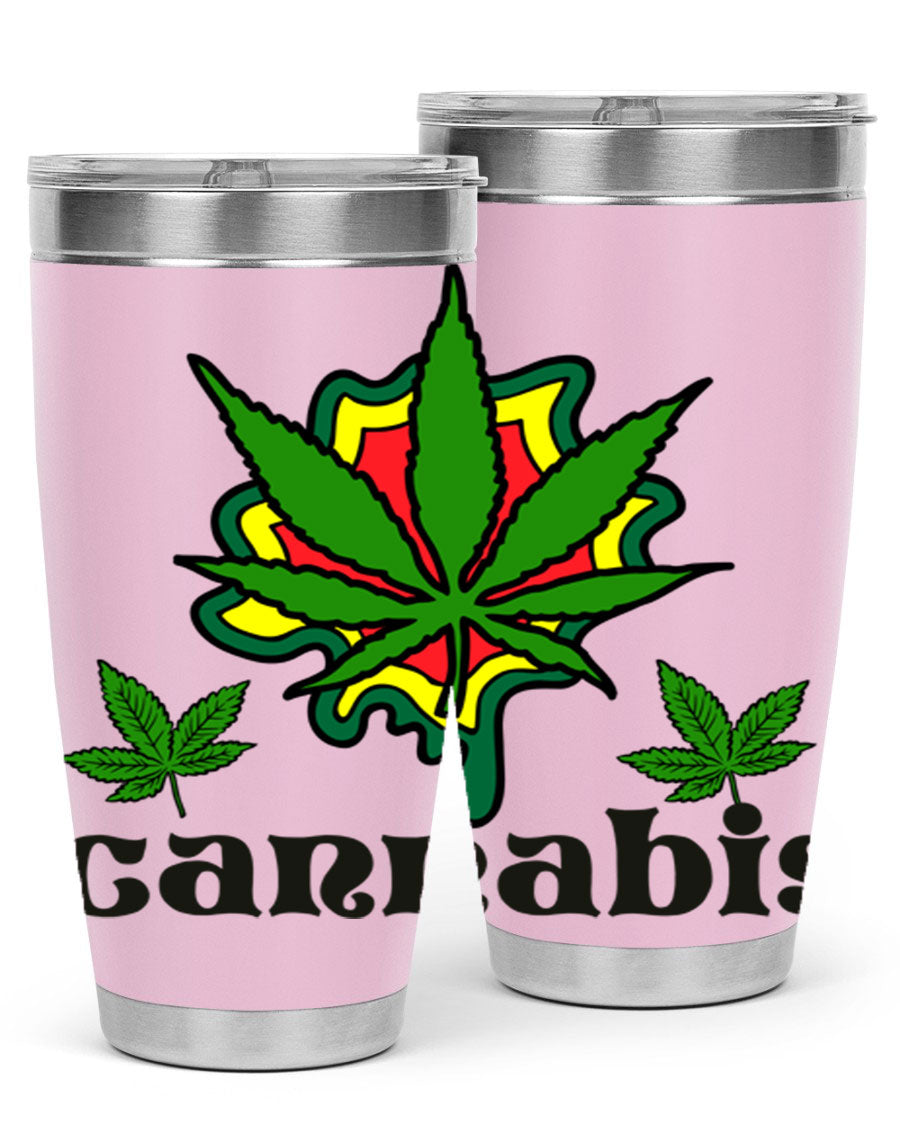 A stylish cannabis a 39# 20oz tumbler made of double wall vacuum stainless steel with a copper lining, featuring a drink-thru lid.