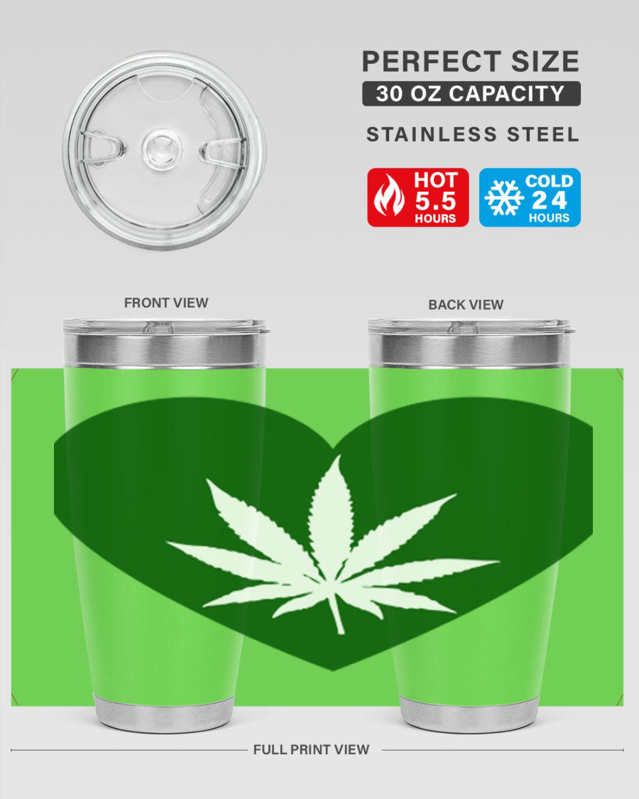 A stylish 20oz cannabis art tumbler featuring a vibrant marijuana design, made from double wall vacuum stainless steel with a drink-thru lid.