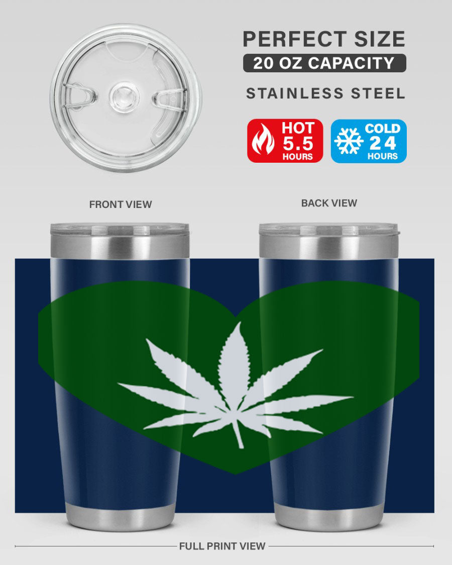 A stylish 20oz cannabis art tumbler featuring a vibrant marijuana design, made from double wall vacuum stainless steel with a drink-thru lid.
