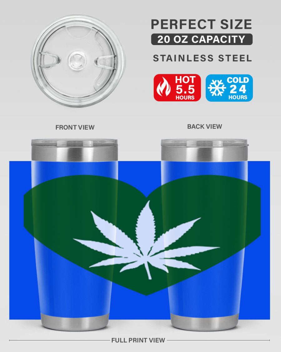 A stylish 20oz cannabis art tumbler featuring a vibrant marijuana design, made from double wall vacuum stainless steel with a drink-thru lid.