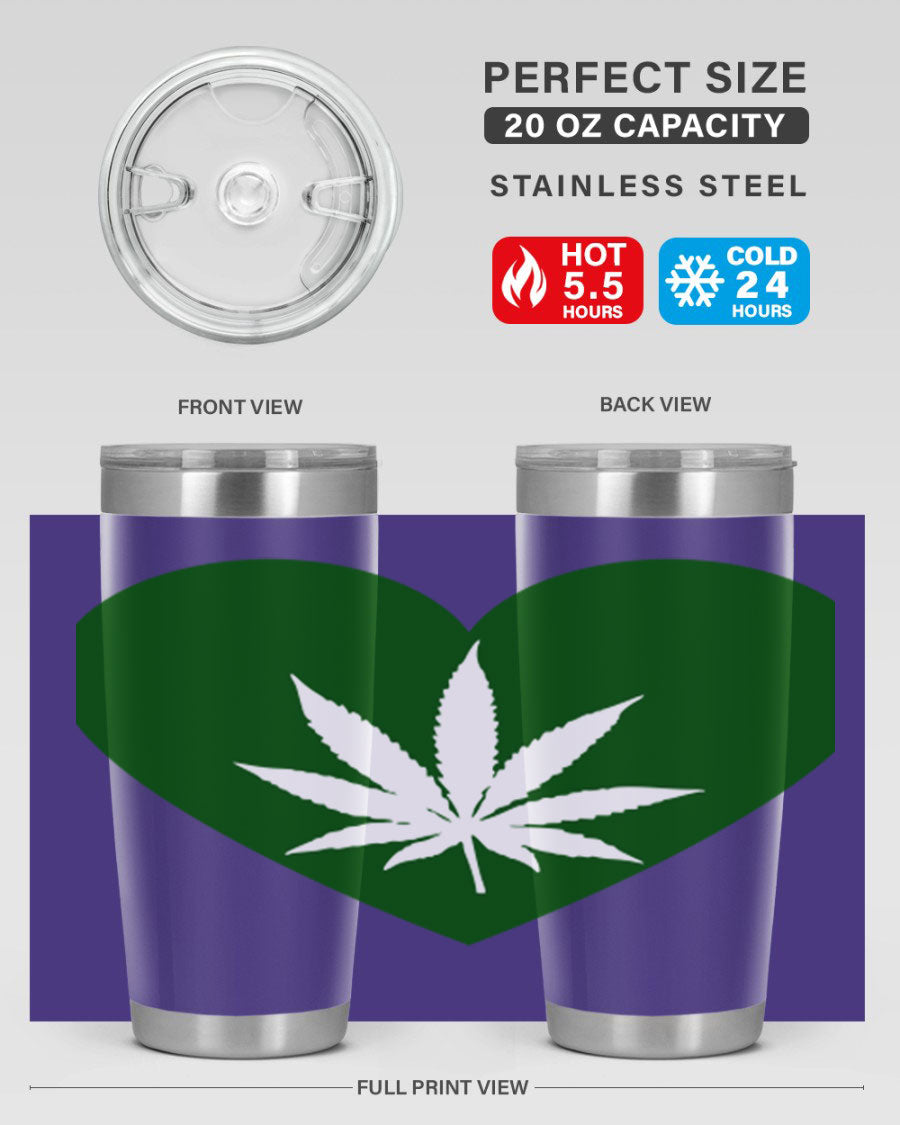 A stylish 20oz cannabis art tumbler featuring a vibrant marijuana design, made from double wall vacuum stainless steel with a drink-thru lid.