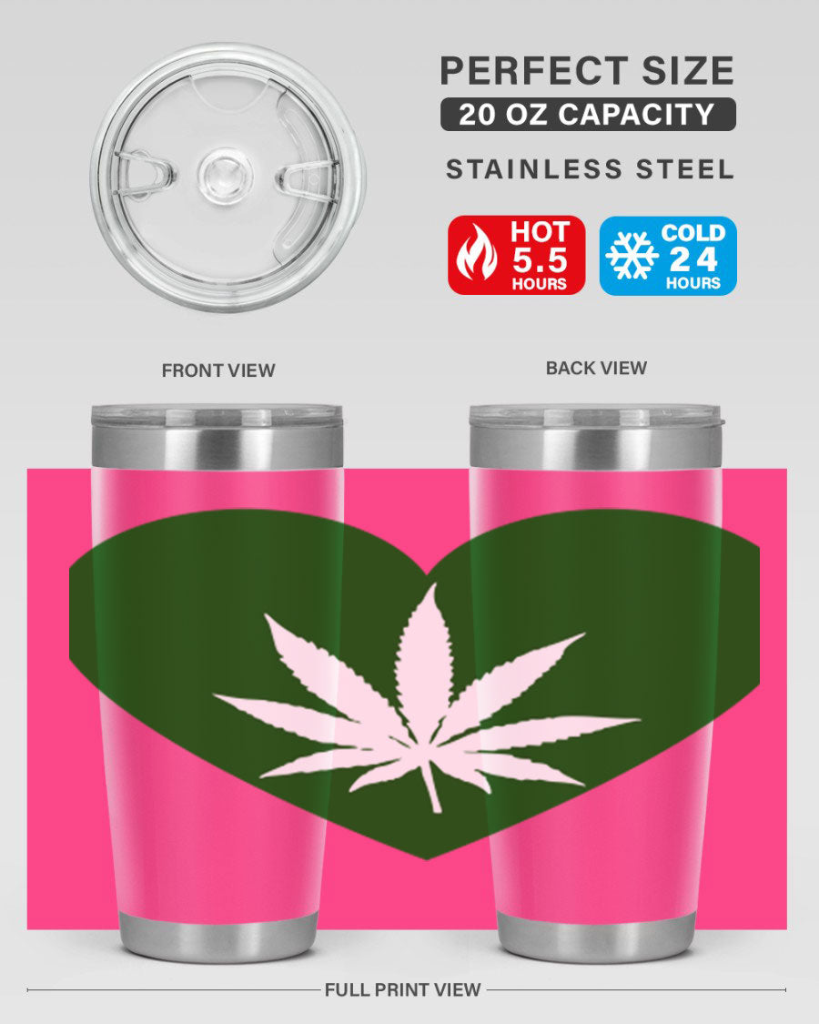 A stylish 20oz cannabis art tumbler featuring a vibrant marijuana design, made from double wall vacuum stainless steel with a drink-thru lid.