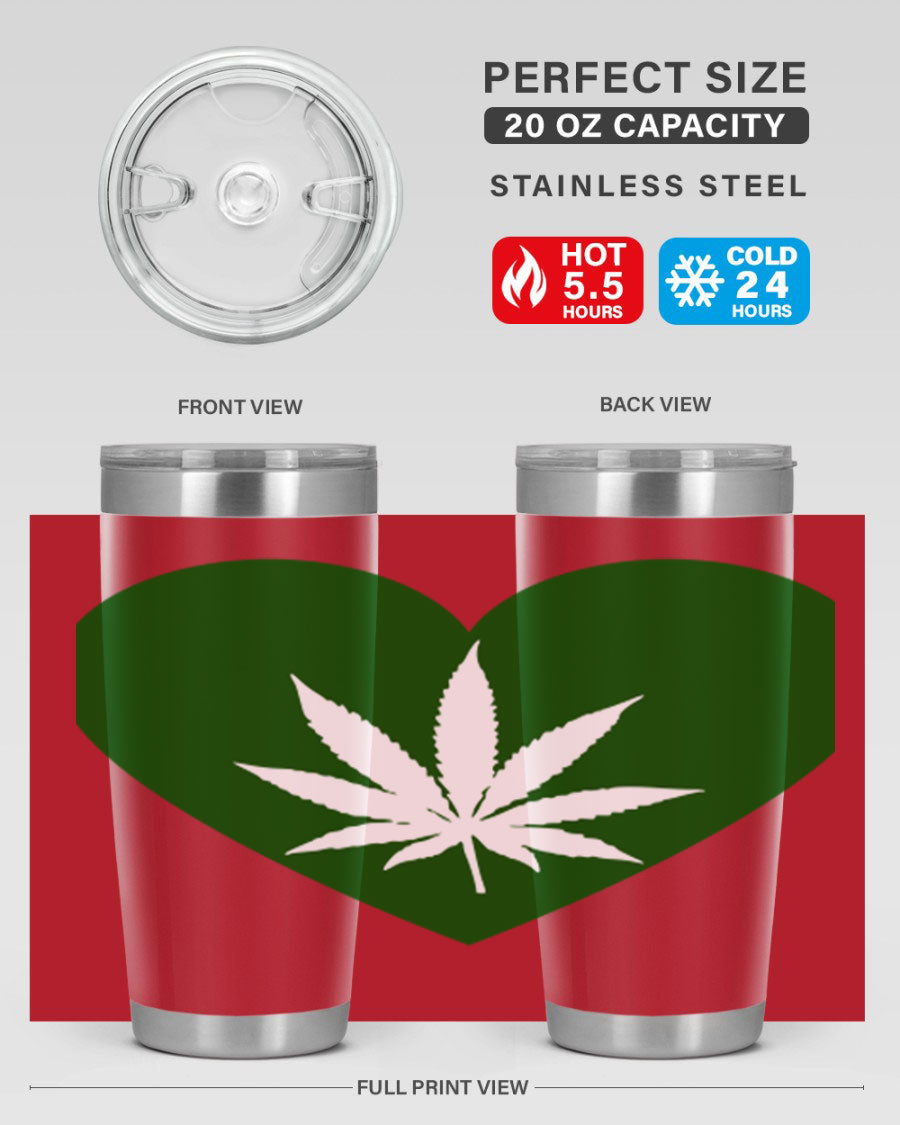 A stylish 20oz cannabis art tumbler featuring a vibrant marijuana design, made from double wall vacuum stainless steel with a drink-thru lid.