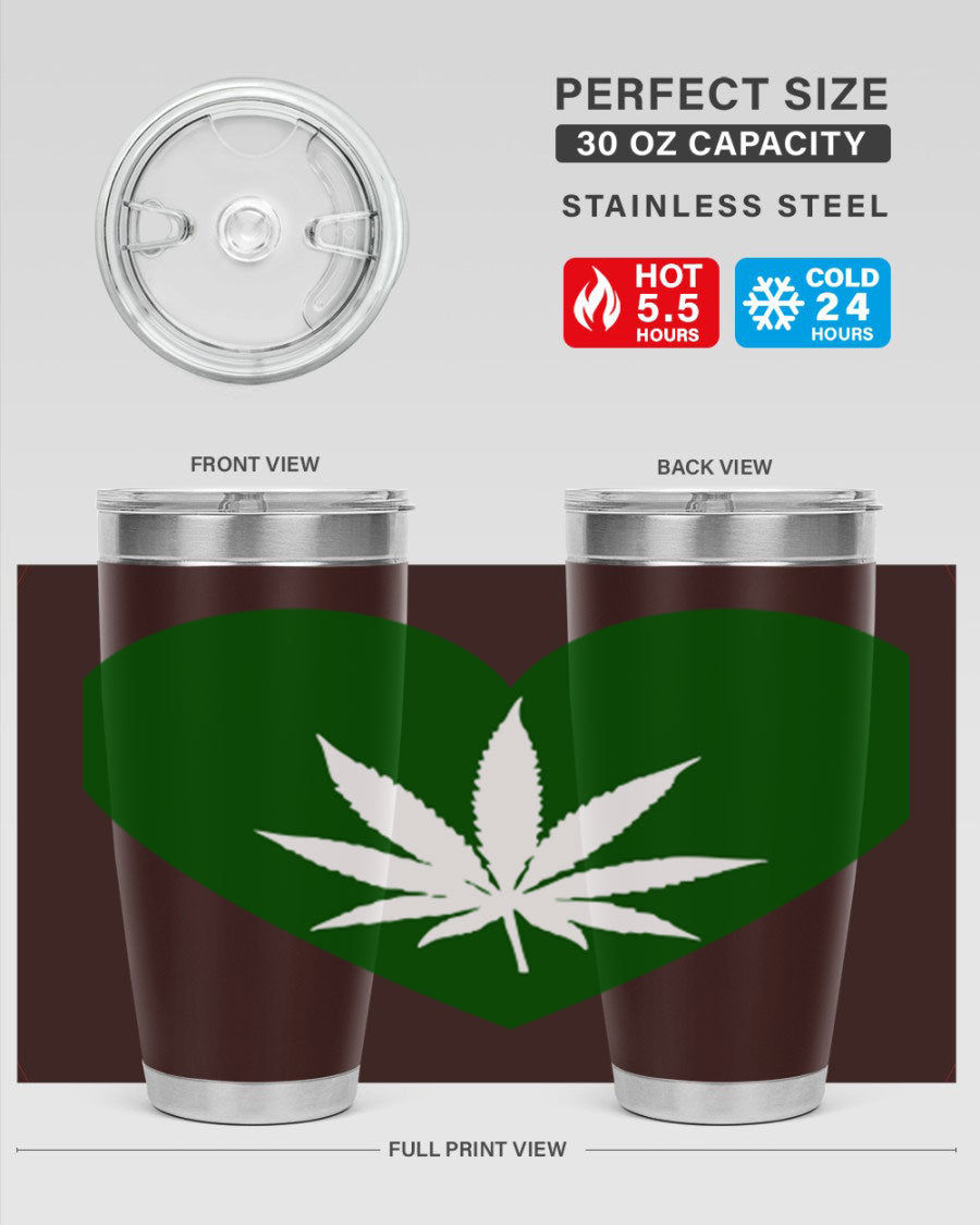 A stylish 20oz cannabis art tumbler featuring a vibrant marijuana design, made from double wall vacuum stainless steel with a drink-thru lid.