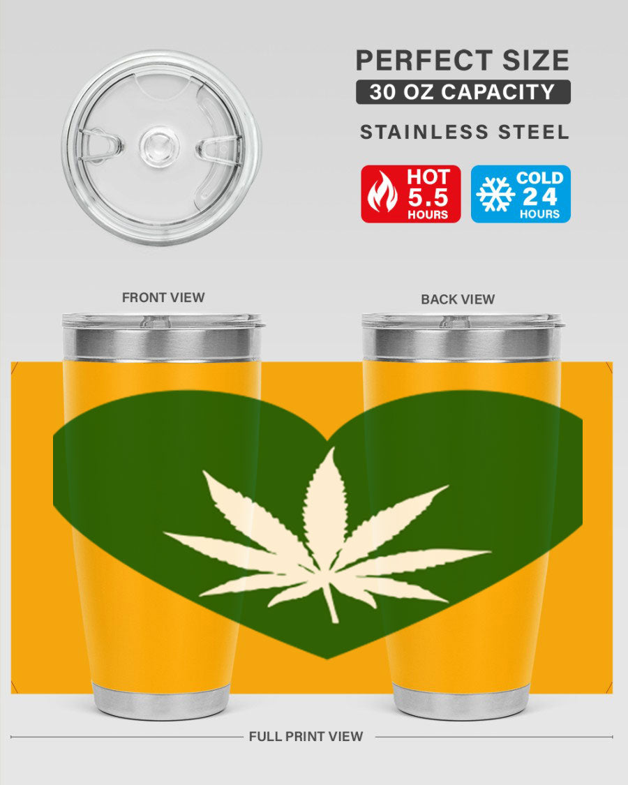 A stylish 20oz cannabis art tumbler featuring a vibrant marijuana design, made from double wall vacuum stainless steel with a drink-thru lid.