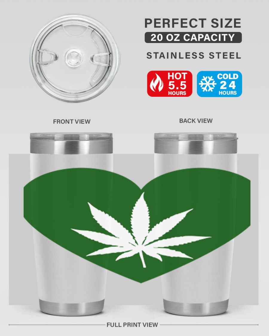 A stylish 20oz cannabis art tumbler featuring a vibrant marijuana design, made from double wall vacuum stainless steel with a drink-thru lid.