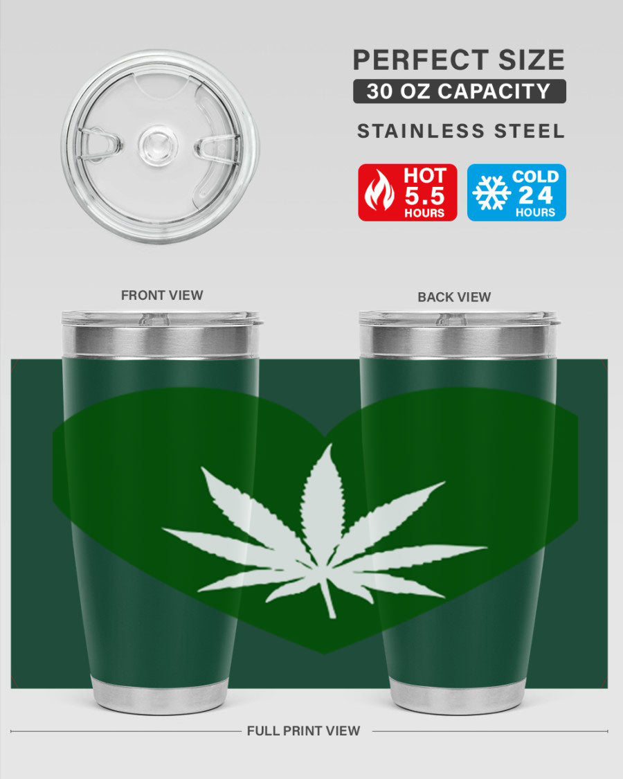 A stylish 20oz cannabis art tumbler featuring a vibrant marijuana design, made from double wall vacuum stainless steel with a drink-thru lid.