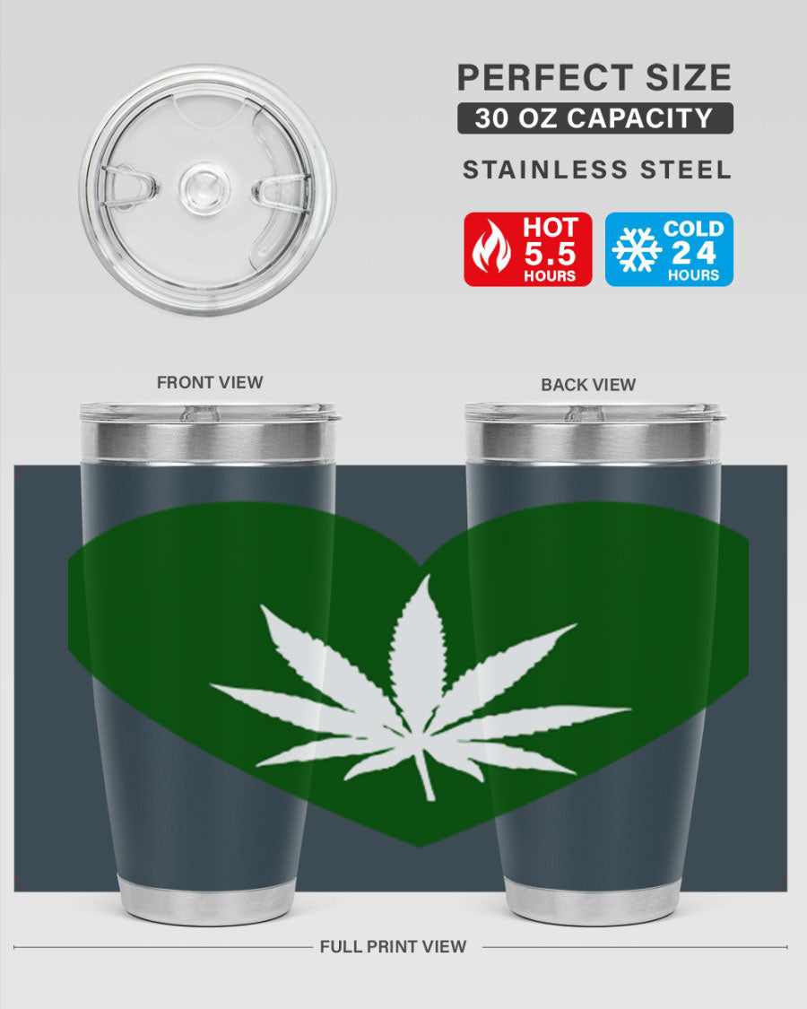 A stylish 20oz cannabis art tumbler featuring a vibrant marijuana design, made from double wall vacuum stainless steel with a drink-thru lid.