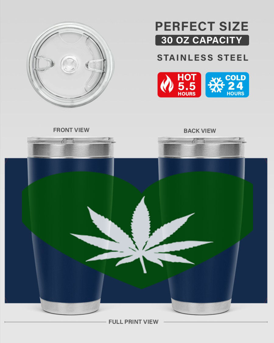 A stylish 20oz cannabis art tumbler featuring a vibrant marijuana design, made from double wall vacuum stainless steel with a drink-thru lid.