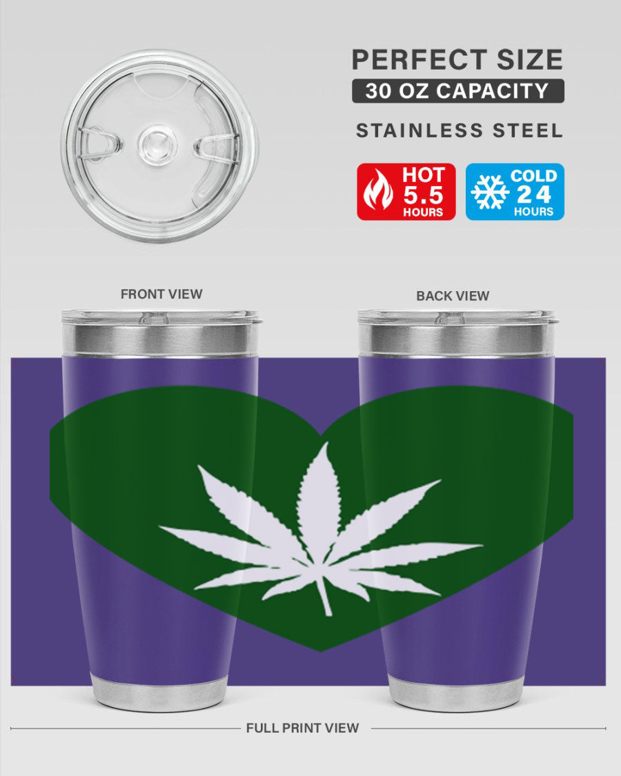 A stylish 20oz cannabis art tumbler featuring a vibrant marijuana design, made from double wall vacuum stainless steel with a drink-thru lid.