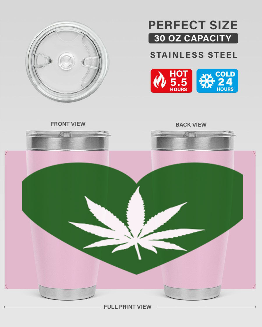 A stylish 20oz cannabis art tumbler featuring a vibrant marijuana design, made from double wall vacuum stainless steel with a drink-thru lid.