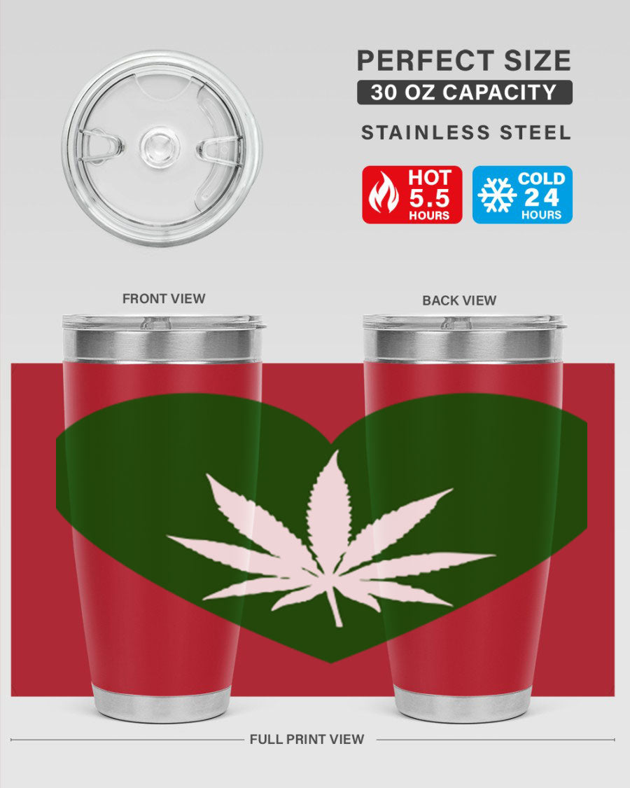 A stylish 20oz cannabis art tumbler featuring a vibrant marijuana design, made from double wall vacuum stainless steel with a drink-thru lid.
