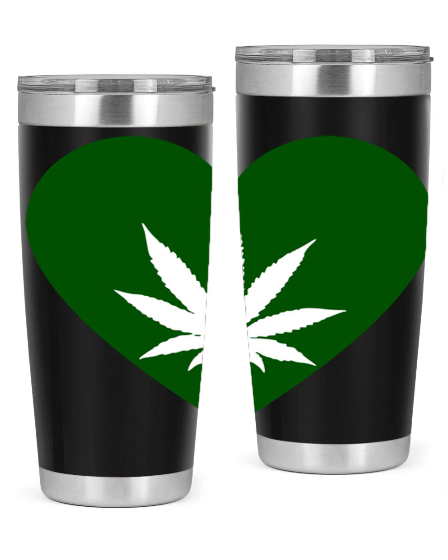 A stylish 20oz cannabis art tumbler featuring a vibrant marijuana design, made from double wall vacuum stainless steel with a drink-thru lid.
