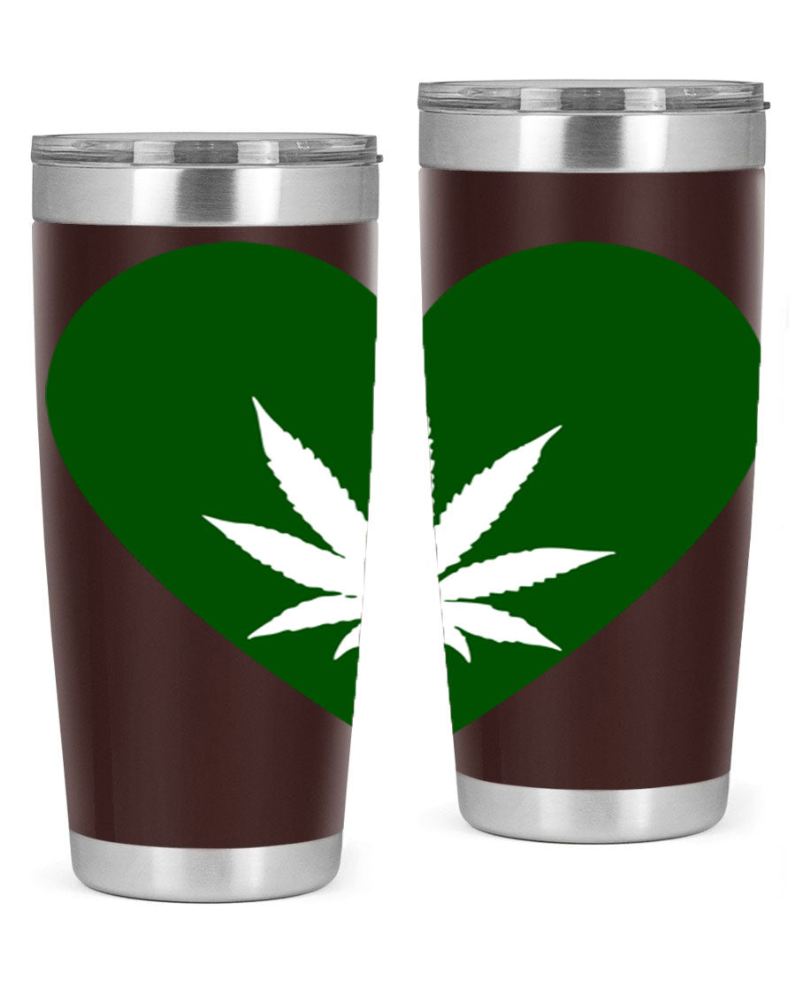 A stylish 20oz cannabis art tumbler featuring a vibrant marijuana design, made from double wall vacuum stainless steel with a drink-thru lid.