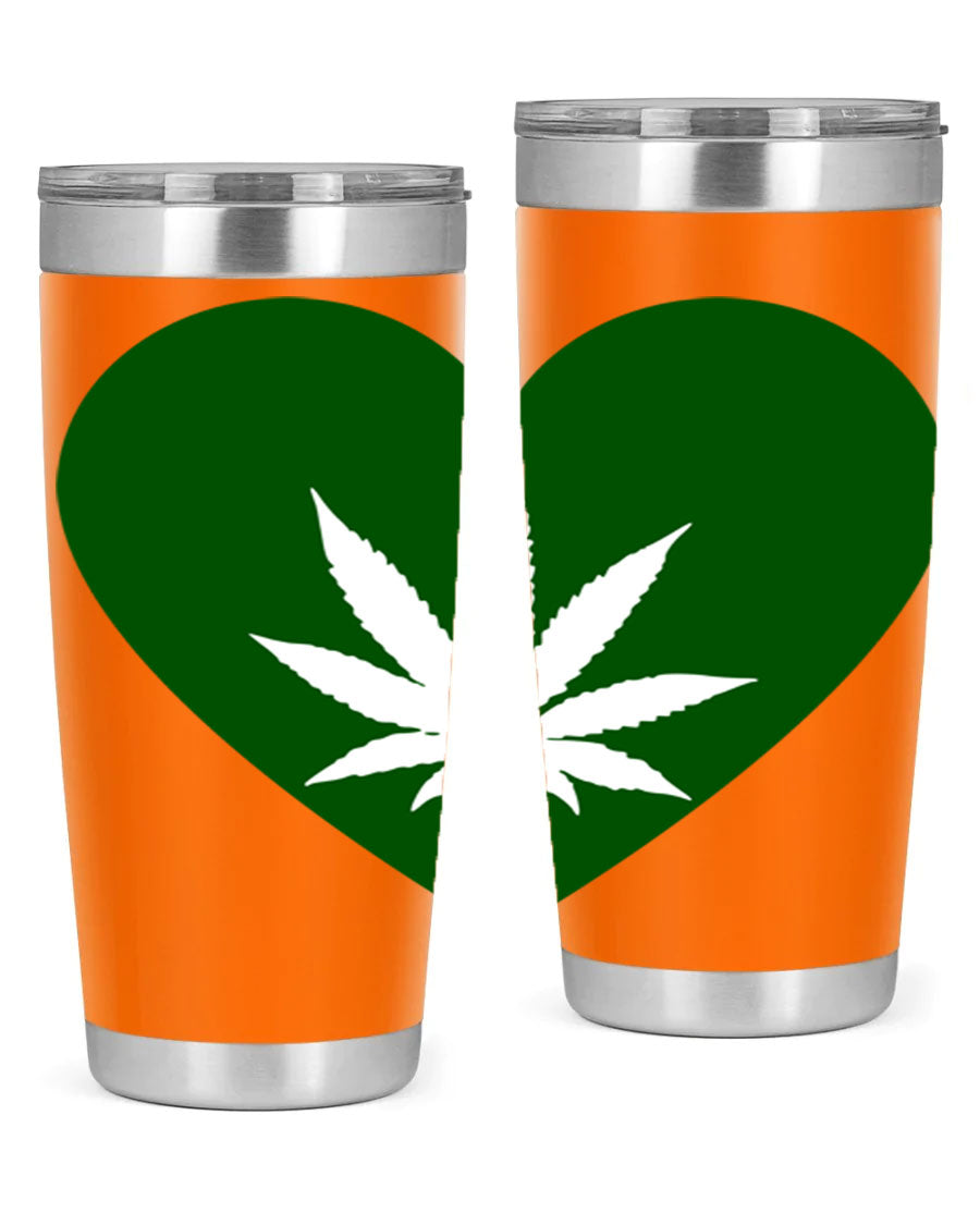 A stylish 20oz cannabis art tumbler featuring a vibrant marijuana design, made from double wall vacuum stainless steel with a drink-thru lid.