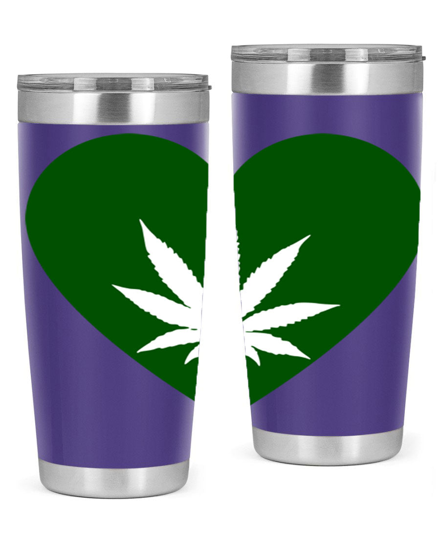 A stylish 20oz cannabis art tumbler featuring a vibrant marijuana design, made from double wall vacuum stainless steel with a drink-thru lid.