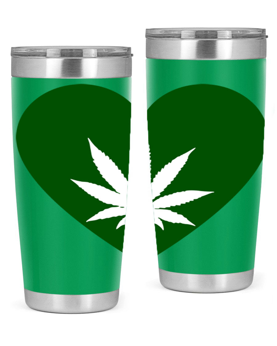 A stylish 20oz cannabis art tumbler featuring a vibrant marijuana design, made from double wall vacuum stainless steel with a drink-thru lid.