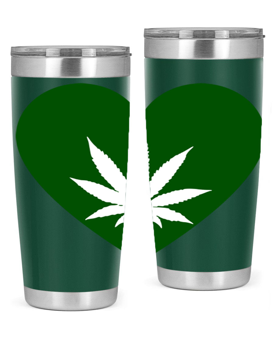 A stylish 20oz cannabis art tumbler featuring a vibrant marijuana design, made from double wall vacuum stainless steel with a drink-thru lid.