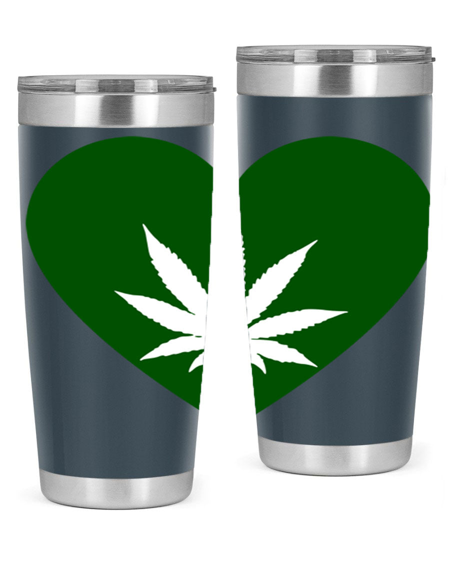 A stylish 20oz cannabis art tumbler featuring a vibrant marijuana design, made from double wall vacuum stainless steel with a drink-thru lid.