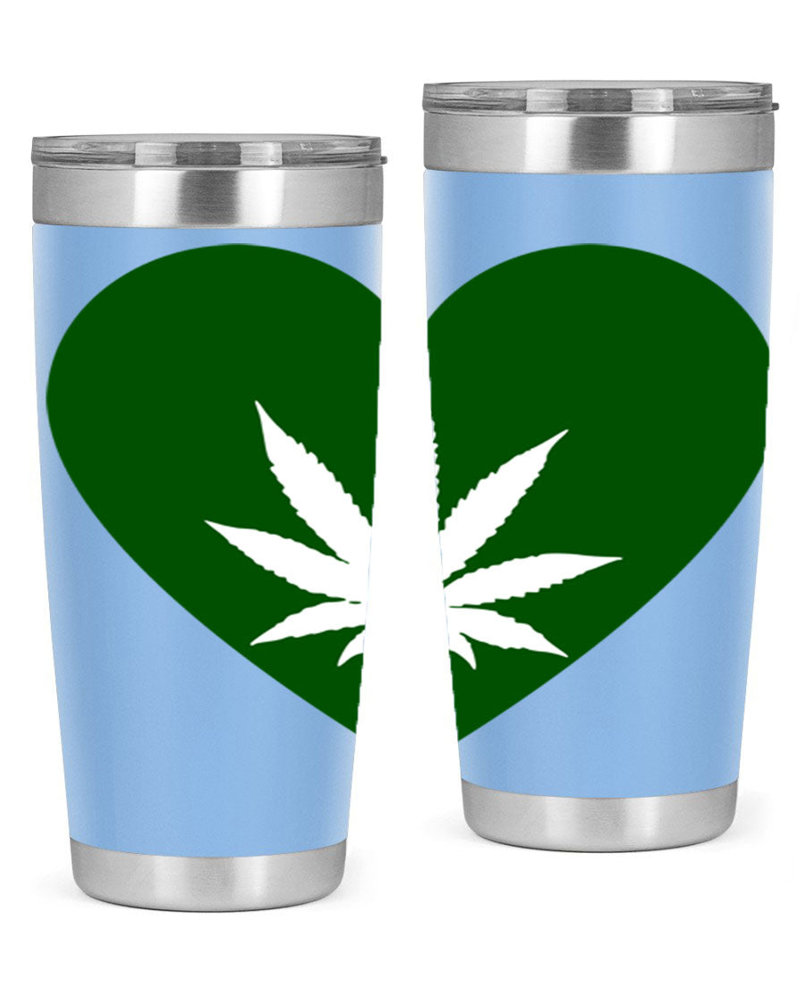 A stylish 20oz cannabis art tumbler featuring a vibrant marijuana design, made from double wall vacuum stainless steel with a drink-thru lid.