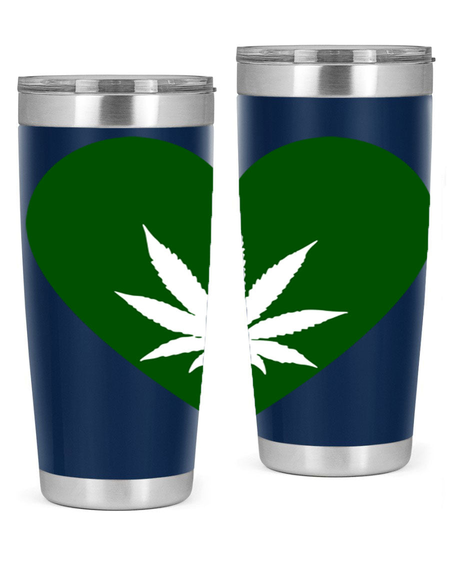 A stylish 20oz cannabis art tumbler featuring a vibrant marijuana design, made from double wall vacuum stainless steel with a drink-thru lid.