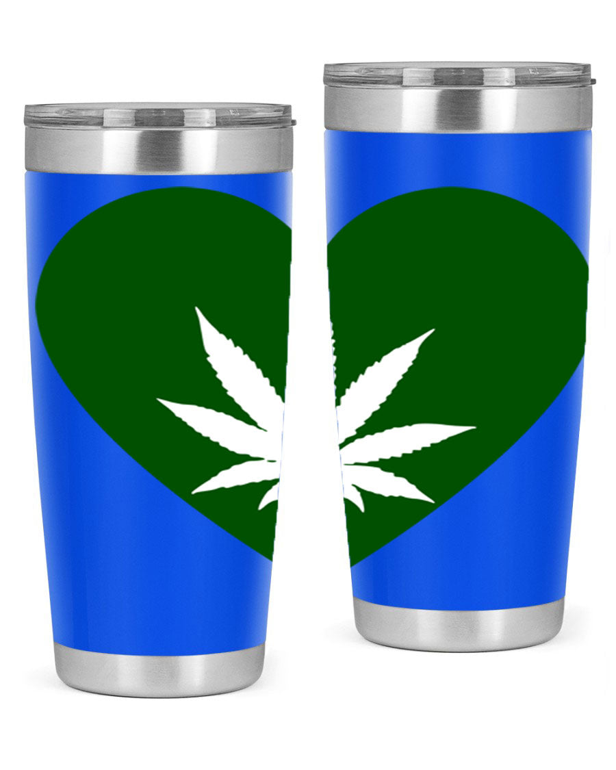 A stylish 20oz cannabis art tumbler featuring a vibrant marijuana design, made from double wall vacuum stainless steel with a drink-thru lid.