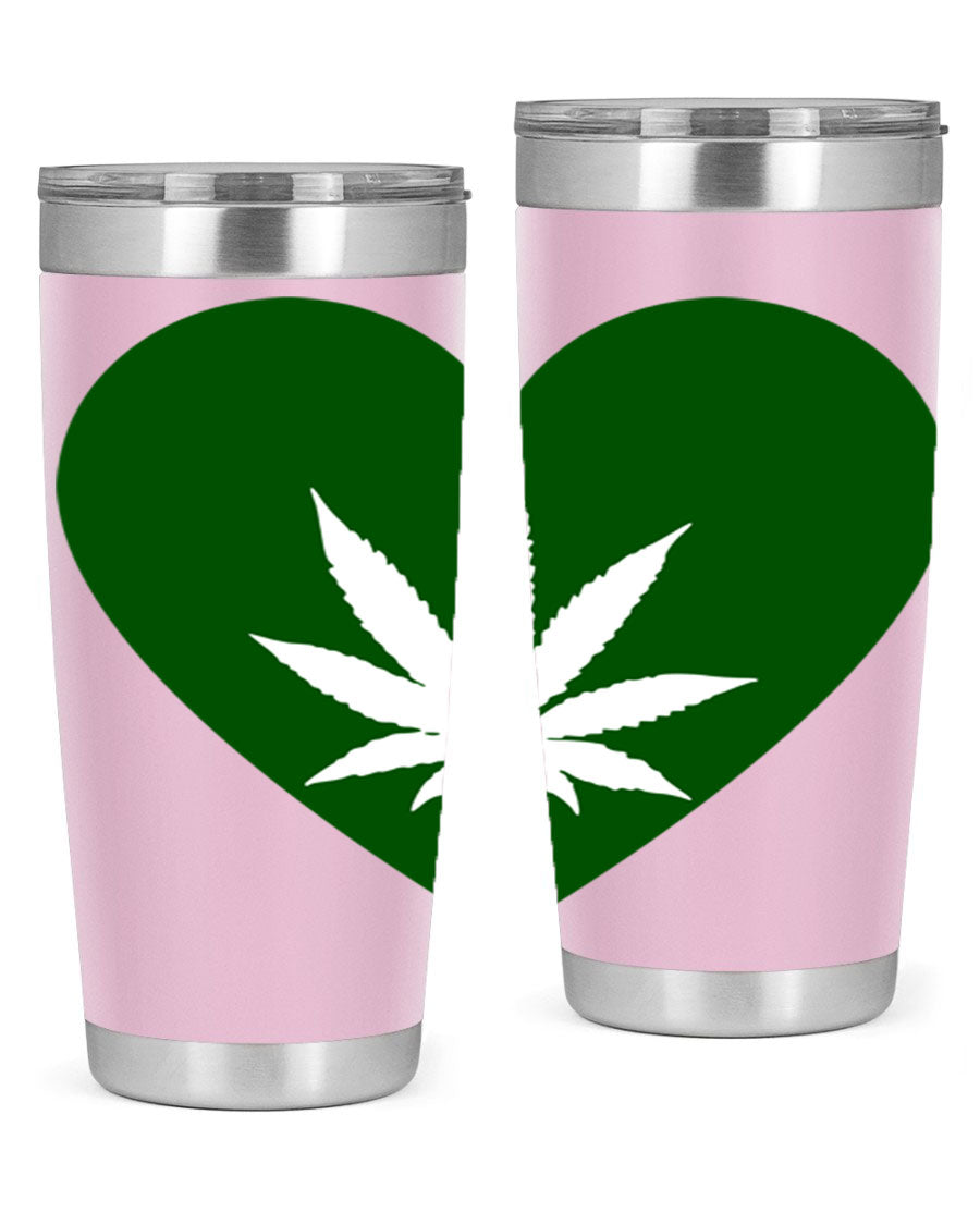 A stylish 20oz cannabis art tumbler featuring a vibrant marijuana design, made from double wall vacuum stainless steel with a drink-thru lid.
