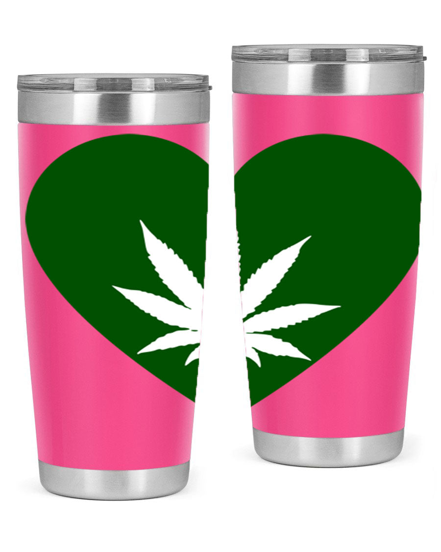 A stylish 20oz cannabis art tumbler featuring a vibrant marijuana design, made from double wall vacuum stainless steel with a drink-thru lid.