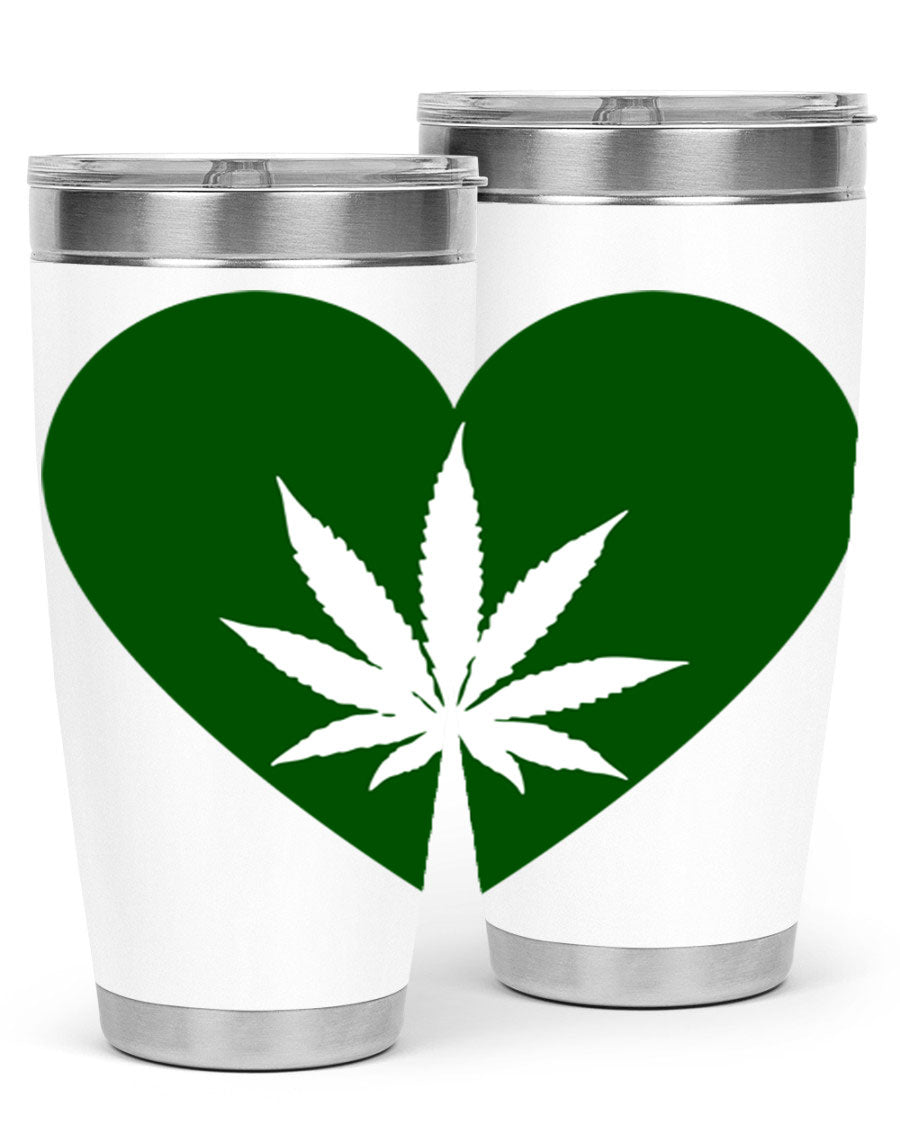 A stylish 20oz cannabis art tumbler featuring a vibrant marijuana design, made from double wall vacuum stainless steel with a drink-thru lid.