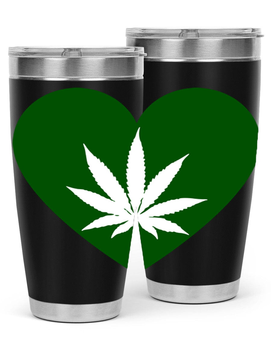 A stylish 20oz cannabis art tumbler featuring a vibrant marijuana design, made from double wall vacuum stainless steel with a drink-thru lid.
