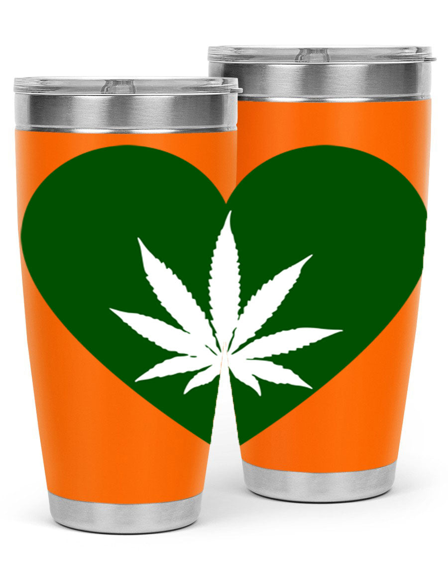 A stylish 20oz cannabis art tumbler featuring a vibrant marijuana design, made from double wall vacuum stainless steel with a drink-thru lid.