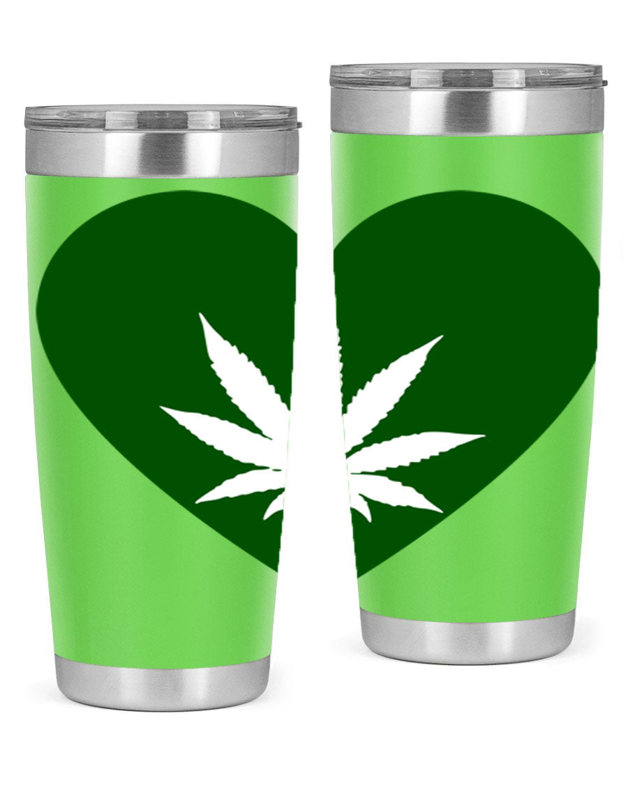 A stylish 20oz cannabis art tumbler featuring a vibrant marijuana design, made from double wall vacuum stainless steel with a drink-thru lid.