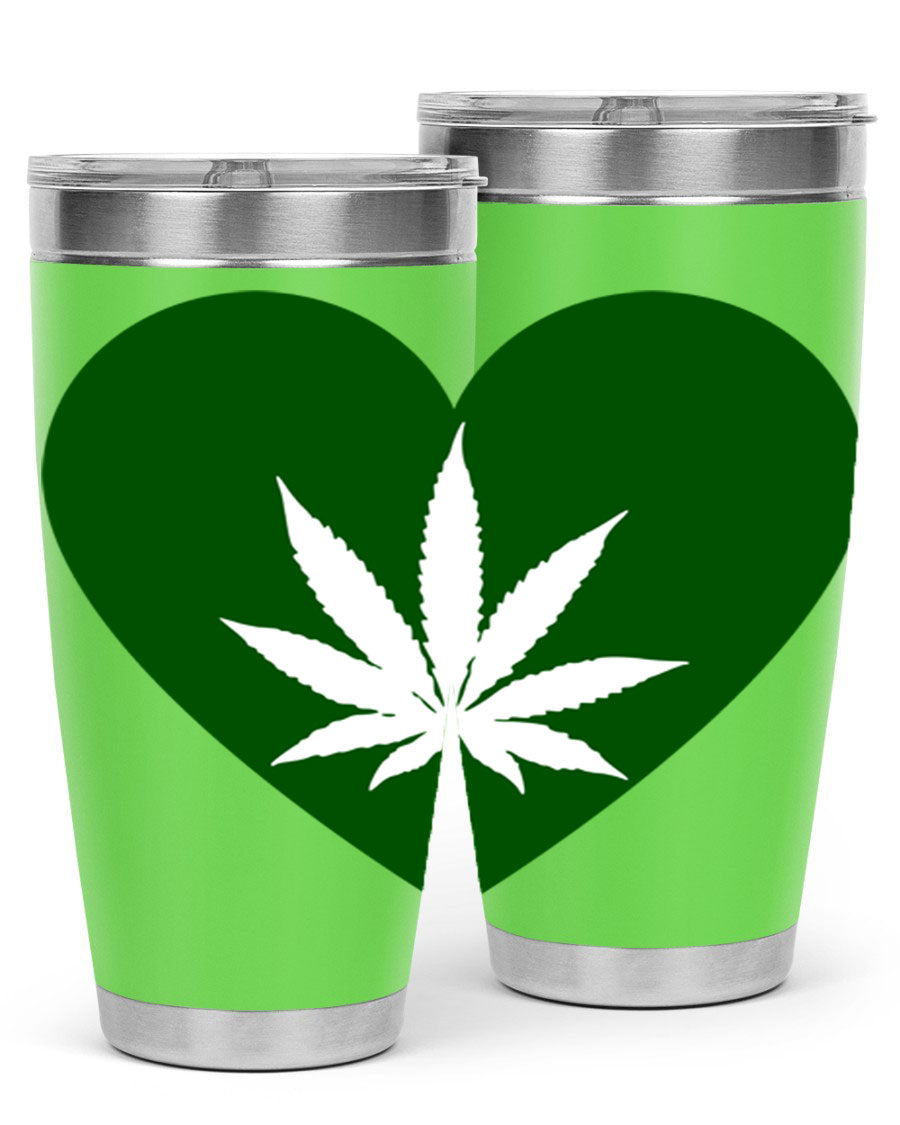 A stylish 20oz cannabis art tumbler featuring a vibrant marijuana design, made from double wall vacuum stainless steel with a drink-thru lid.