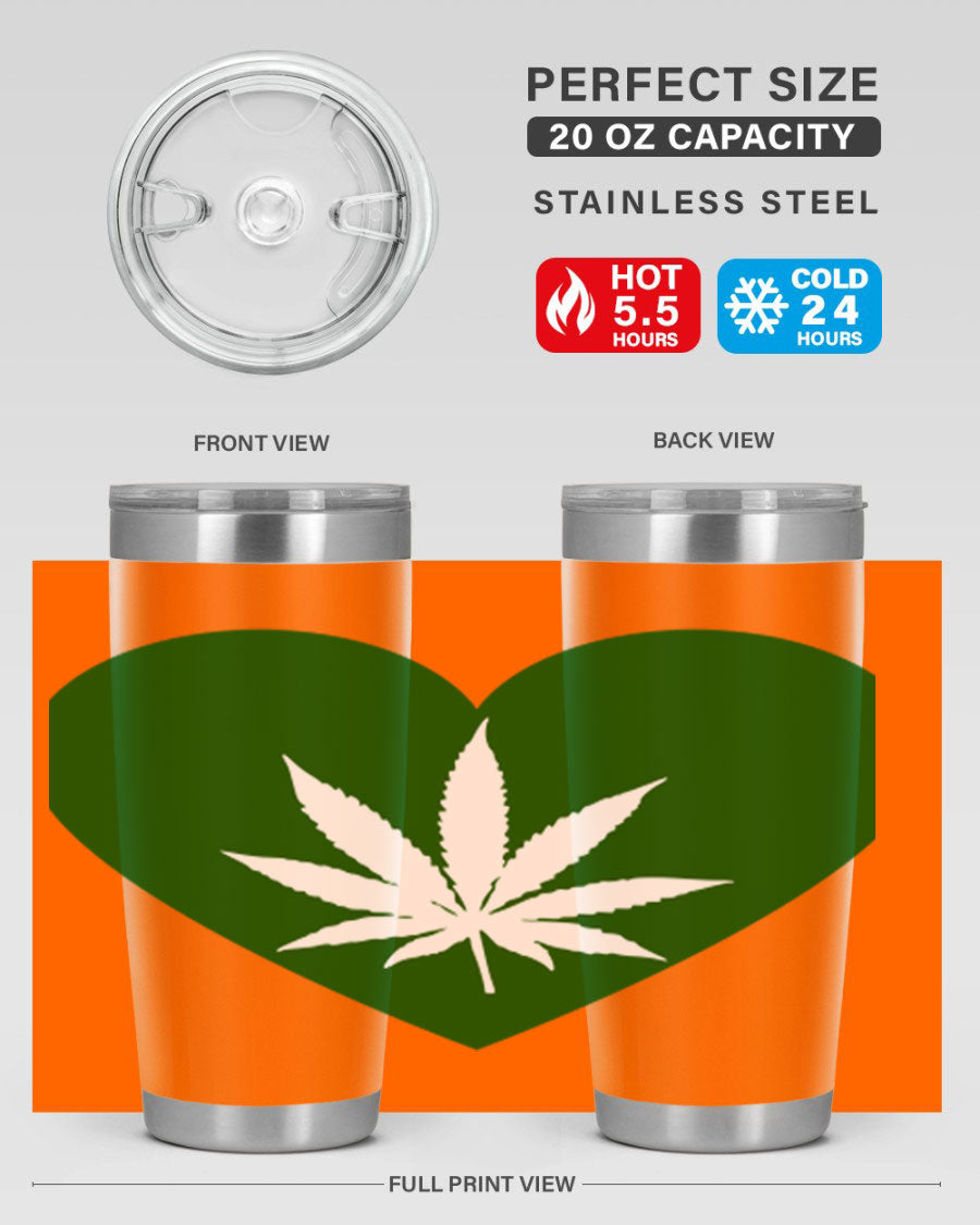 A stylish 20oz cannabis art tumbler featuring a vibrant marijuana design, made from double wall vacuum stainless steel with a drink-thru lid.
