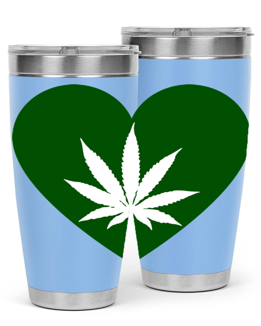 A stylish 20oz cannabis art tumbler featuring a vibrant marijuana design, made from double wall vacuum stainless steel with a drink-thru lid.