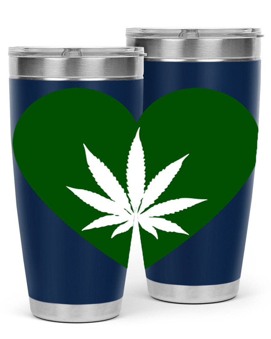 A stylish 20oz cannabis art tumbler featuring a vibrant marijuana design, made from double wall vacuum stainless steel with a drink-thru lid.