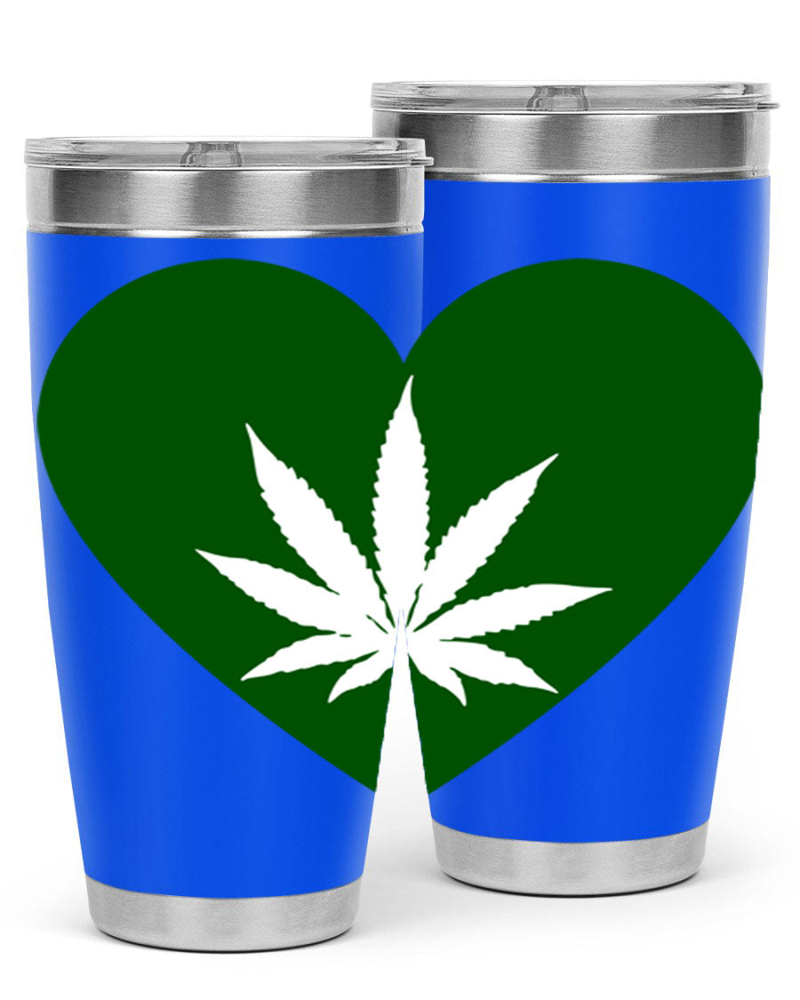 A stylish 20oz cannabis art tumbler featuring a vibrant marijuana design, made from double wall vacuum stainless steel with a drink-thru lid.