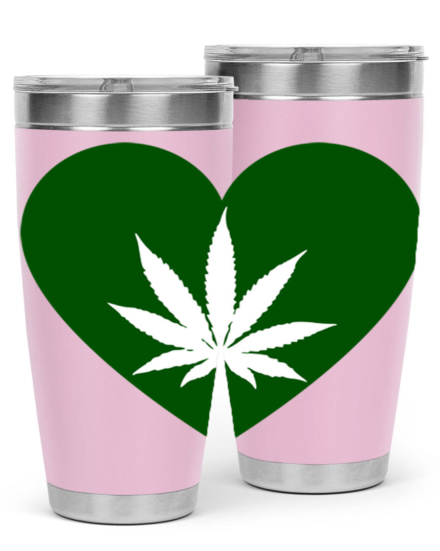 A stylish 20oz cannabis art tumbler featuring a vibrant marijuana design, made from double wall vacuum stainless steel with a drink-thru lid.