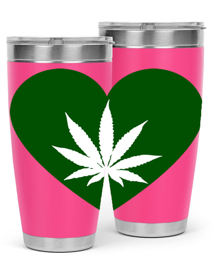 A stylish 20oz cannabis art tumbler featuring a vibrant marijuana design, made from double wall vacuum stainless steel with a drink-thru lid.