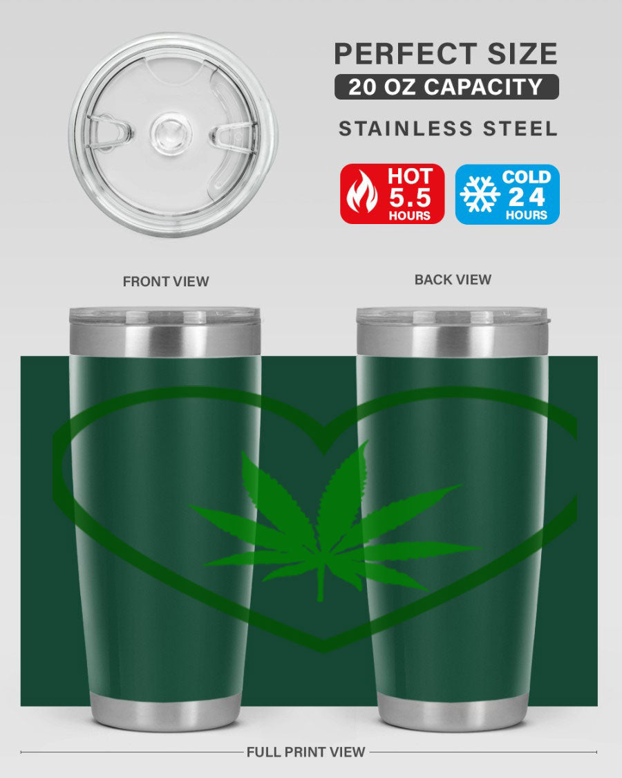 A stylish cannabis art 42# tumbler featuring vibrant cannabis-themed design, double wall vacuum insulation, and a press-in drink-thru lid.