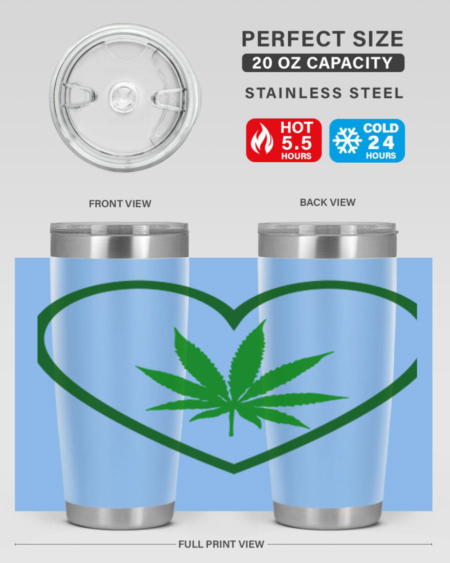 A stylish cannabis art 42# tumbler featuring vibrant cannabis-themed design, double wall vacuum insulation, and a press-in drink-thru lid.