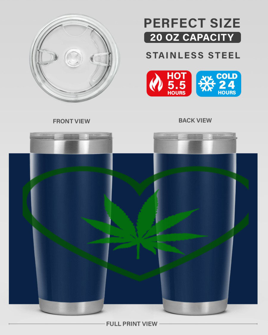 A stylish cannabis art 42# tumbler featuring vibrant cannabis-themed design, double wall vacuum insulation, and a press-in drink-thru lid.