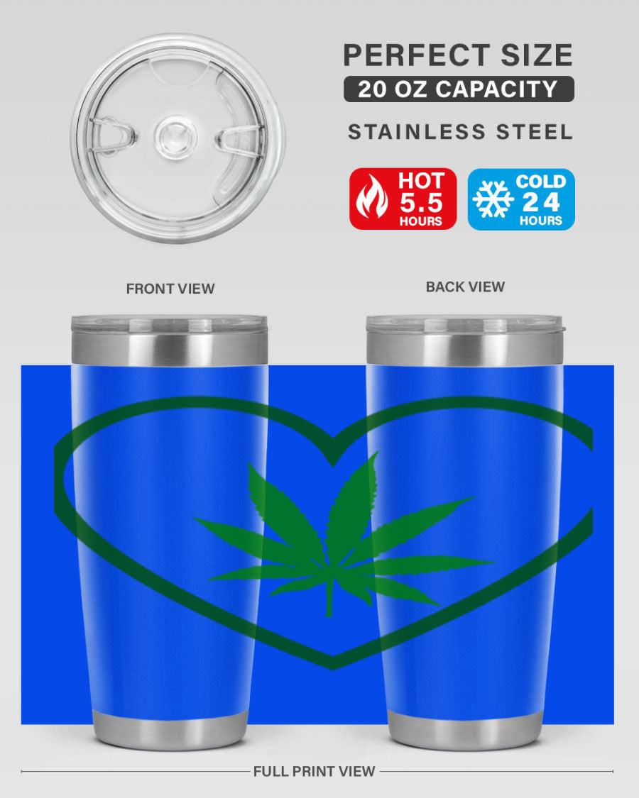 A stylish cannabis art 42# tumbler featuring vibrant cannabis-themed design, double wall vacuum insulation, and a press-in drink-thru lid.