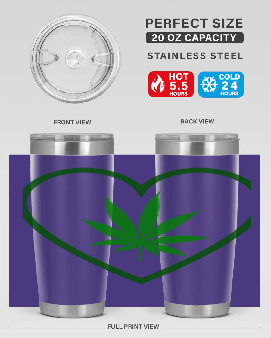 A stylish cannabis art 42# tumbler featuring vibrant cannabis-themed design, double wall vacuum insulation, and a press-in drink-thru lid.