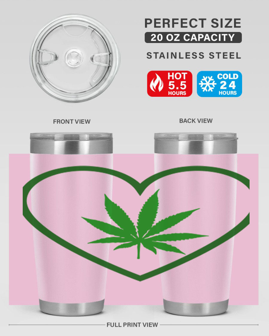 A stylish cannabis art 42# tumbler featuring vibrant cannabis-themed design, double wall vacuum insulation, and a press-in drink-thru lid.