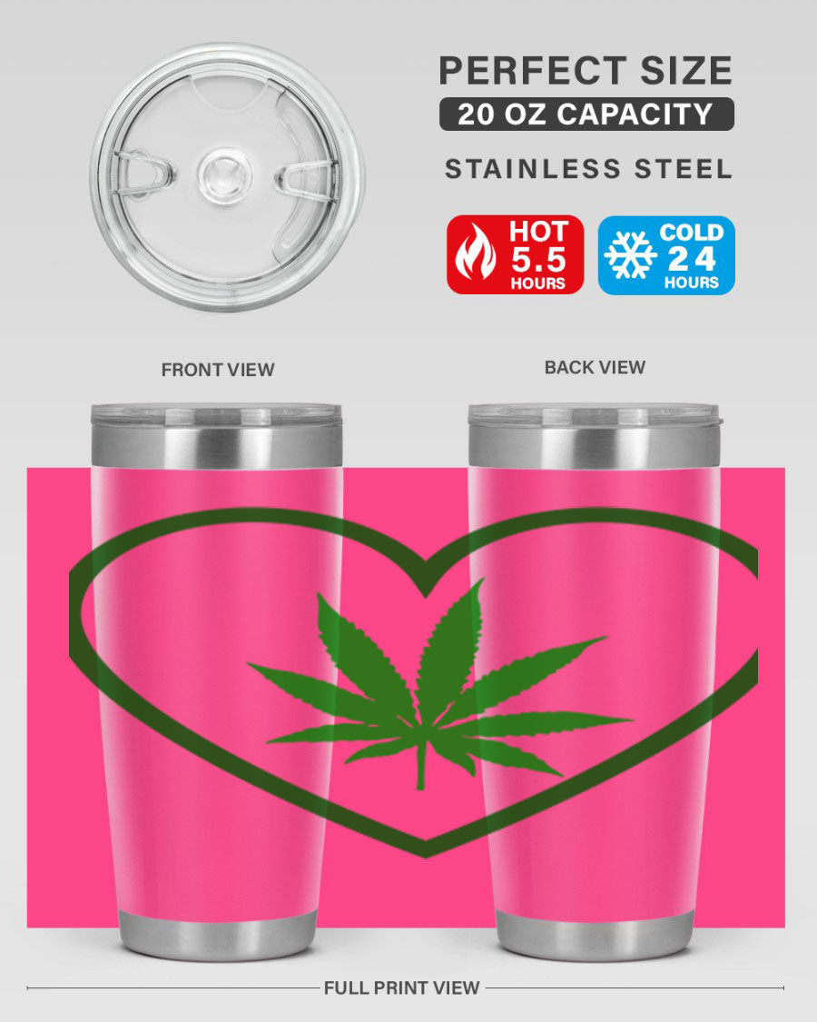 A stylish cannabis art 42# tumbler featuring vibrant cannabis-themed design, double wall vacuum insulation, and a press-in drink-thru lid.