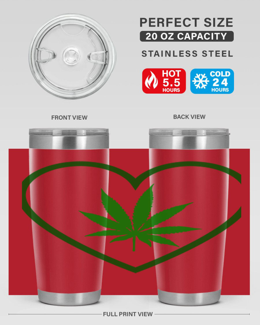 A stylish cannabis art 42# tumbler featuring vibrant cannabis-themed design, double wall vacuum insulation, and a press-in drink-thru lid.