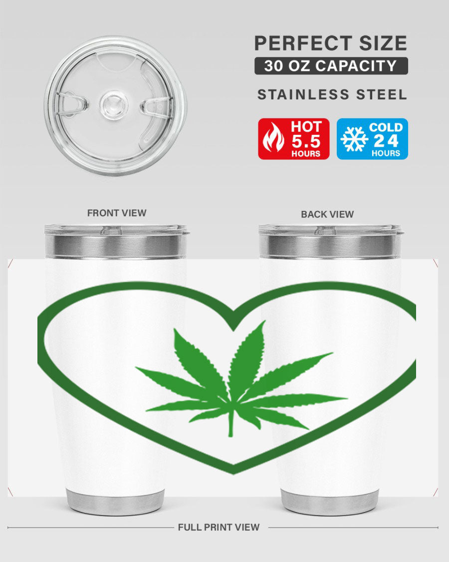 A stylish cannabis art 42# tumbler featuring vibrant cannabis-themed design, double wall vacuum insulation, and a press-in drink-thru lid.