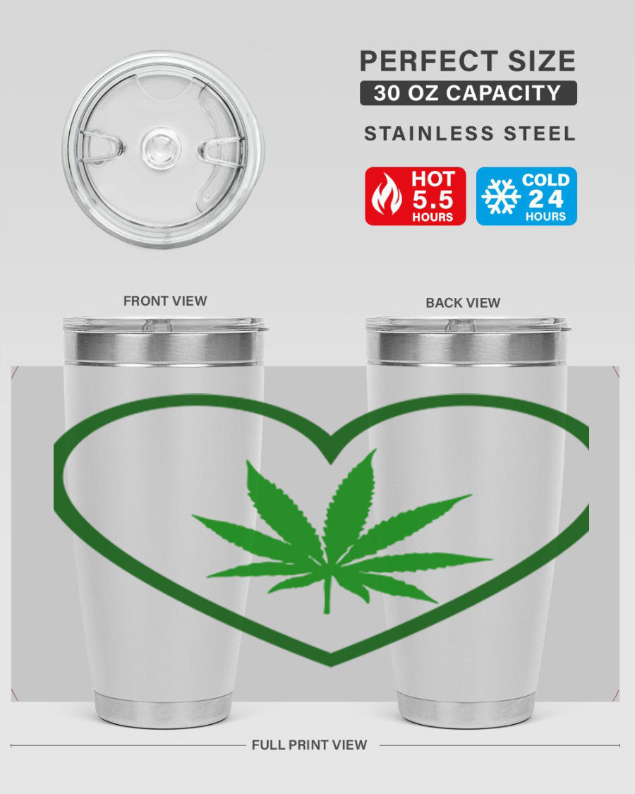 A stylish cannabis art 42# tumbler featuring vibrant cannabis-themed design, double wall vacuum insulation, and a press-in drink-thru lid.