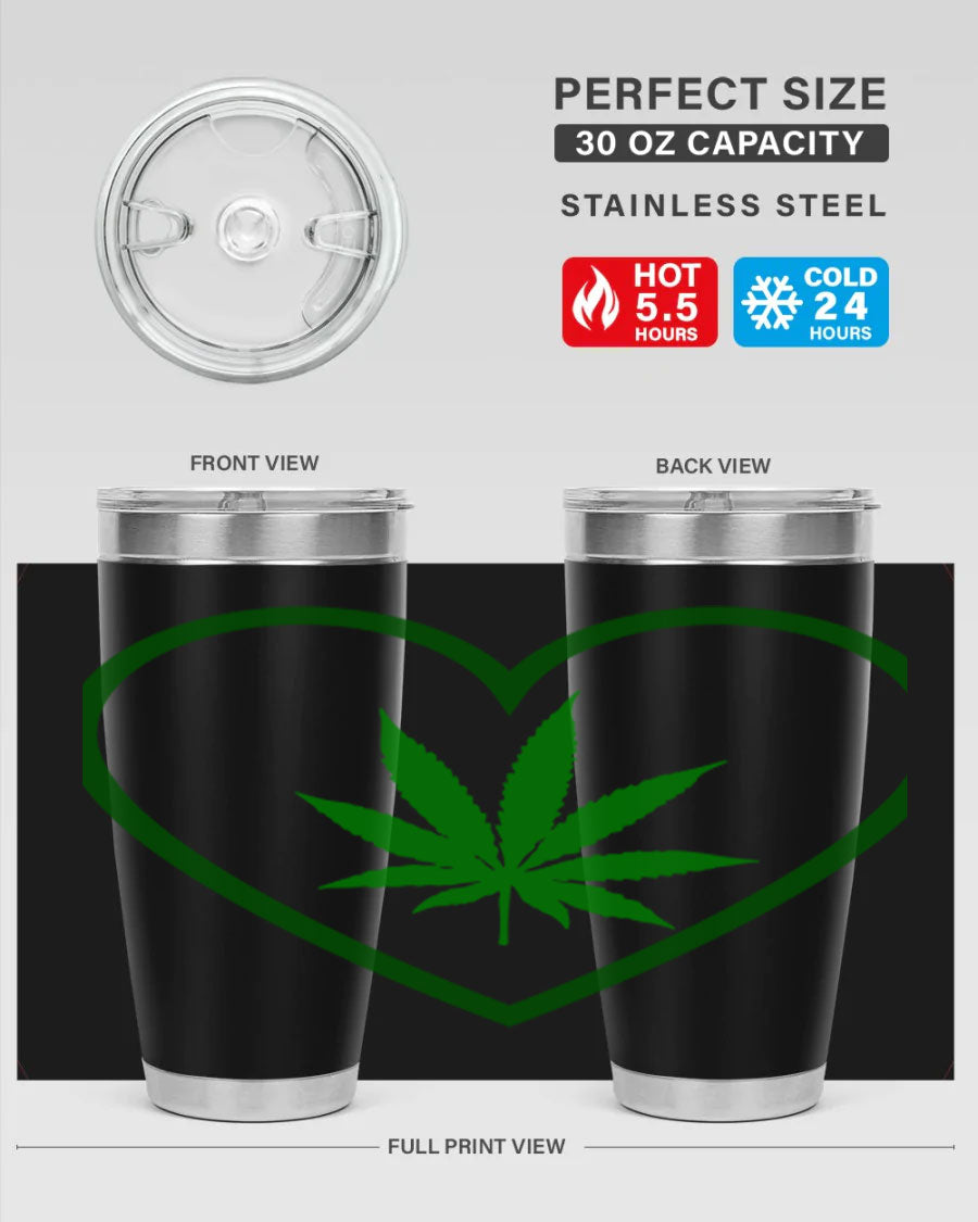 A stylish cannabis art 42# tumbler featuring vibrant cannabis-themed design, double wall vacuum insulation, and a press-in drink-thru lid.